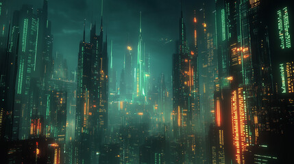 Fototapeta premium Futuristic Cityscape at Night with Glowing Towers