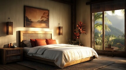 Eco-friendly boho with rustic interiors . Serene bedroom with natural light and lush outdoor view.