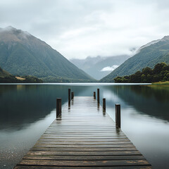 Obraz premium Tranquility by the Lake: A wooden pier stretches into a serene lake, mirroring the majestic mountains shrouded in mist. The tranquil scene evokes a sense of calm and solitude.