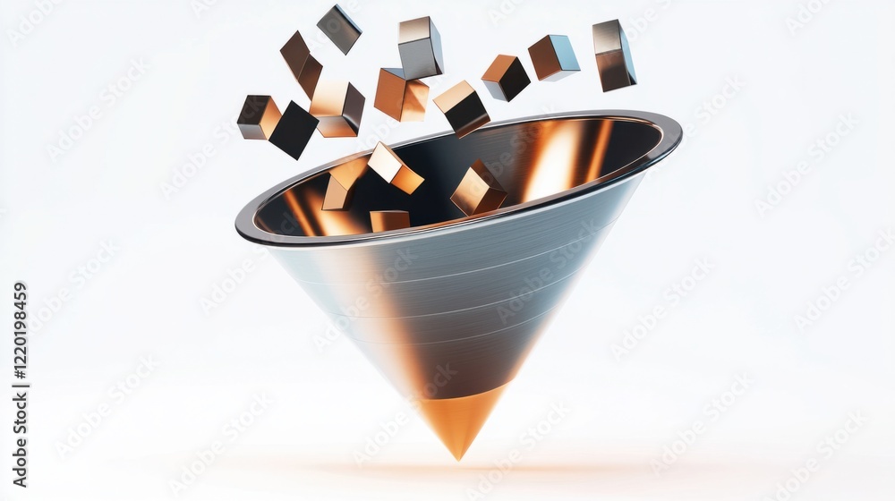 Poster a metallic 3d funnel with dynamic arrows and floating audience icons being guided into its layers, i