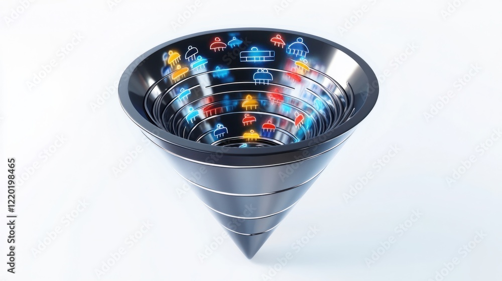Poster a metallic 3d funnel with dynamic arrows and floating audience icons being guided into its layers, i