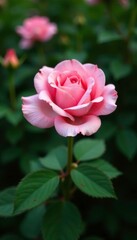 Delicate pink rose petals unfurl on a lush green bush, flowers, plant