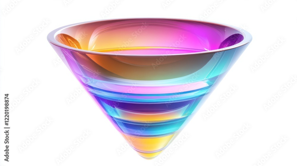 Poster a metallic funnel with dynamic holographic layers visualizing audience flow and conversion stages, o