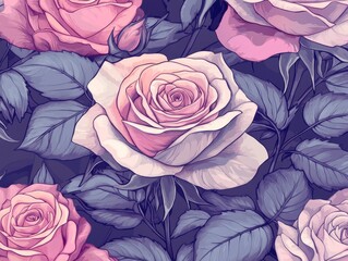 A Seamless Pattern of Cream/Off-White Roses with Coral/Pink Edges, Greenish-Gray Leaves, Stems, and Buds on a Greenish-Gray Background
