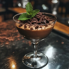 Decadent Chocolate Mousse: Indulge your senses with this rich and creamy chocolate mousse, elegantly presented in a stemmed glass and garnished with fresh mint and chocolate shavings.