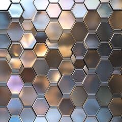 Obraz premium Metallic Hexagon Pattern: Abstract background image featuring a repeating pattern of metallic hexagons in varying shades of silver, gold, and bronze. The hexagons create a sleek, modern.