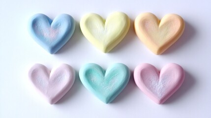 Six Pastel-Colored Heart-Shaped Chalk Pieces on White Background