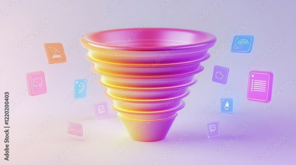 Poster a shiny 3d funnel in gradient colors, visualizing audience flow through its levels, surrounded by gl