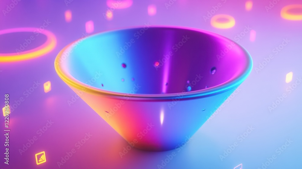 Poster a shiny 3d funnel in gradient colors, visualizing audience flow through its levels, surrounded by gl