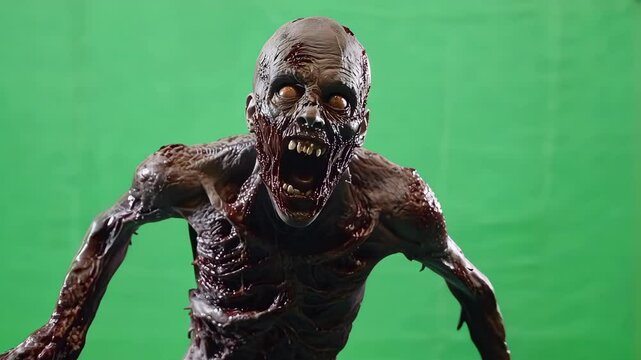A zombie lunges forward with outstretched arms, decayed flesh, and tattered clothing. The backgrouxnd is a chroma key green screen.
