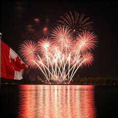 canadian flag and fireworks over water at night