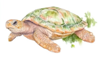 Obraz premium A beautifully illustrated green sea turtle swimming gracefully through vibrant underwater vegetation