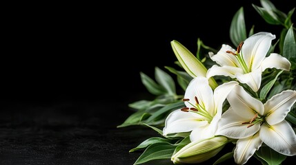 Obraz premium A detailed closeup of a floral spray featuring white lilies and roses, symbolic of purity and remembrance