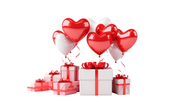 Festive Heart Balloons and Gifts Romantic Valentines Day Image isolated on transparent background