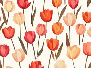 Obraz premium A Seamless Pattern of Red, Orange, Pink, and Cream Tulips with Green Leaves and Stems on an Off-White/Cream Background