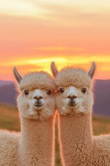 Obraz premium Llamas grazing on a hill at sunset with soft light and copy space.