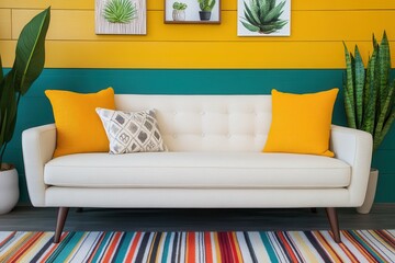 Eco-friendly boho with rustic interiors . Bright living room with a stylish sofa and colorful decor.