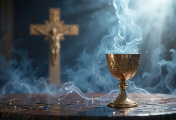 Golden Chalice and Crucifix in Smoky Atmosphere