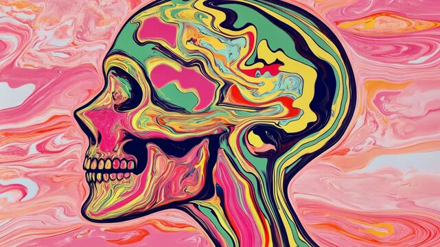 Colorful skull artwork with abstract patterns and vibrant hues in an artistic display