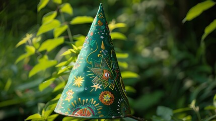 A vibrant green party cap adorned with fun graphics for a casual gathering.