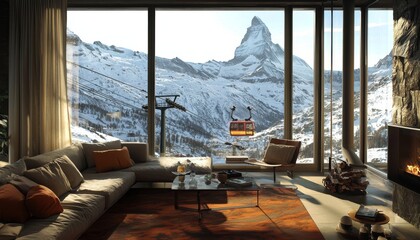 living room designed with floor-to-ceiling windows, providing a panoramic view of majestic snow-capped mountains and a charming cable car in the distance