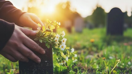 A pair of hands gently placing flowers on a gravestone, blurred background of a quiet graveyard, intimate and poignant
