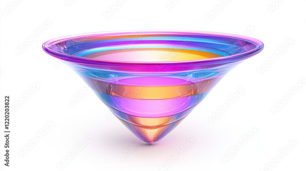 Aufkleber a vibrant 3d funnel with transparent layers and glowing highlights, pulling audience symbols into it