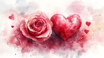 Red Pink Petal Heart Rose family Watercolor painting Garden roses Valentine's Day Love Paint