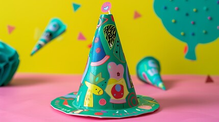 A vibrant green party cap adorned with fun graphics for a casual gathering.