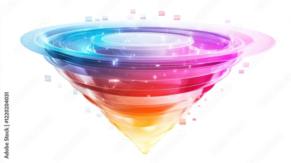 Poster a vibrant 3d funnel with transparent layers and glowing highlights, pulling audience symbols into it