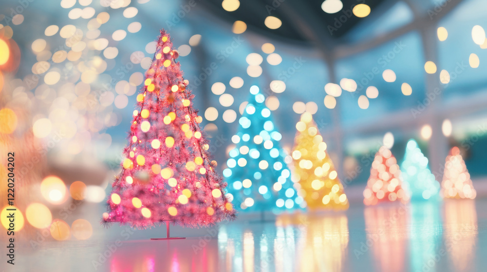 Poster vibrant christmas trees illuminated with colorful lights and blurred bokeh effects, creating a festi