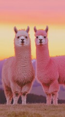 Fototapeta premium Two llamas standing together on a hilltop in sunset, their coats glowing and symbolizing peace and tranquility.