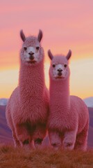Fototapeta premium two llamas standing together on a hilltop in the warm light of sunset, their coats glowing and radiating a sense of calm and tranquility.