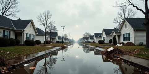 Obraz premium Flooded Suburban Street Reflecting a Cloudy Sky and Row Houses