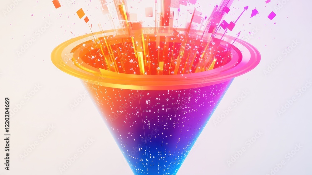 Poster a vibrant 3d marketing funnel showing audience flow with dynamic motion arrows and glowing particles