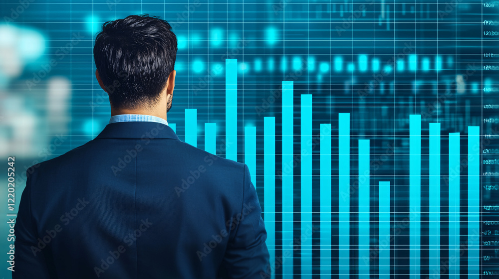 Poster a business professional analyzes data trends on a digital display, showcasing a series of upward-mov