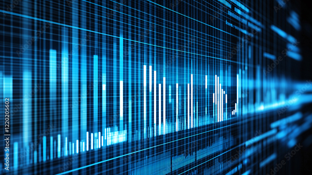 Poster a futuristic digital representation of sound waves and data visualizations in vibrant blue tones.
