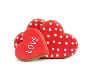 Tasty red heart shaped cookies on white background. Valentine's day celebration