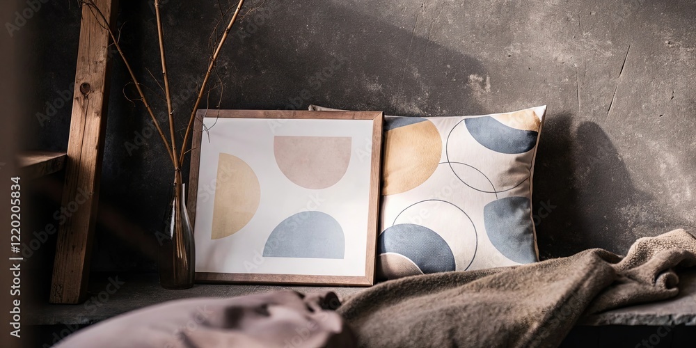 Poster A framed picture of a circle and a square sits on a table next to a pillow