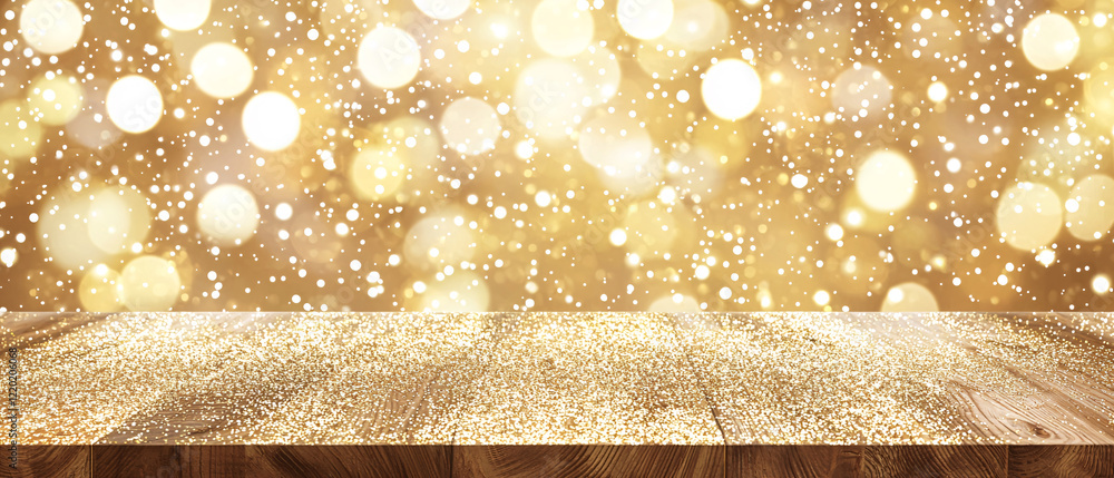 Poster a shimmering golden background with soft bokeh lights creating a festive atmosphere over a wooden su