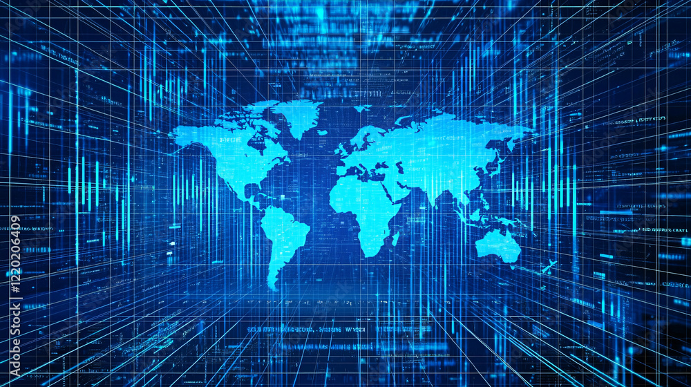 Poster a digital world map surrounded by a network of glowing blue lines, representing global connectivity 