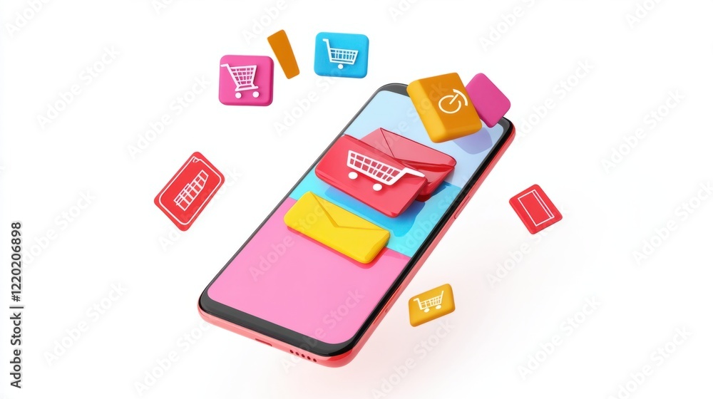 Poster a colorful 3d smartphone displaying an open email app with marketing icons such as shopping carts an