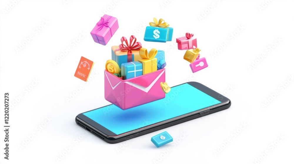 Poster a dynamic 3d smartphone showing a digital email inbox with vibrant marketing symbols like gift boxes