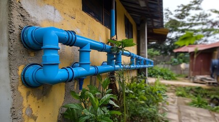 Blue Water Pipes on Yellow Wall in Tropical Setting
