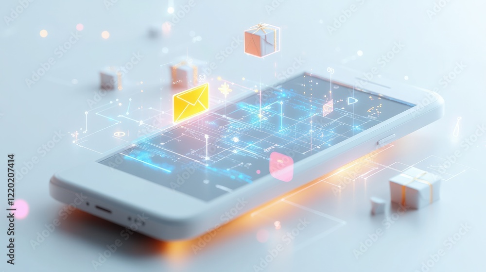 Poster a futuristic 3d smartphone displaying an email interface with marketing visuals such as gift boxes a
