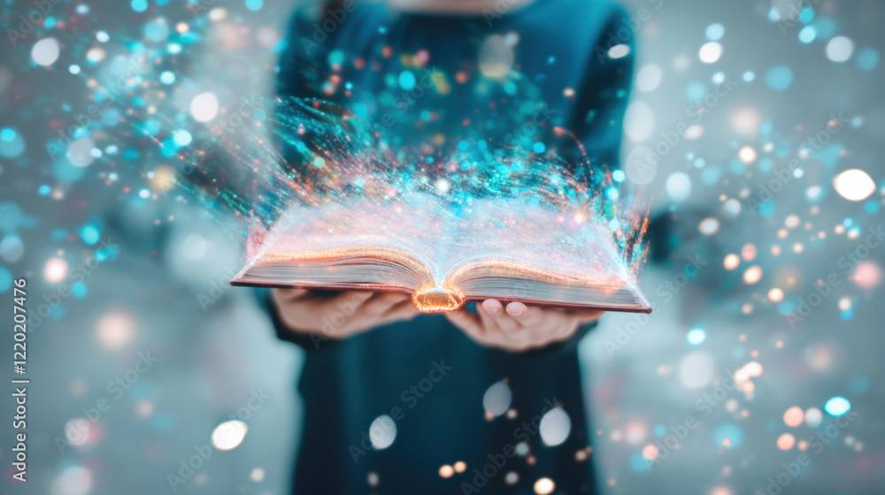 Aufkleber a mesmerizing open book emitting glowing magical particles, creating an enchanting and imaginative a