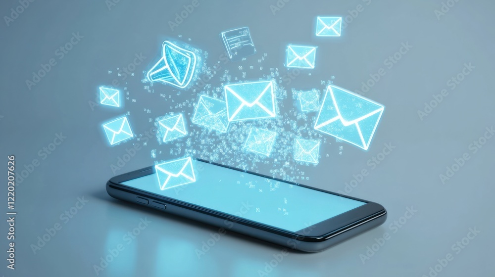 Poster a futuristic 3d smartphone screen showing an email interface with glowing marketing visuals like arr