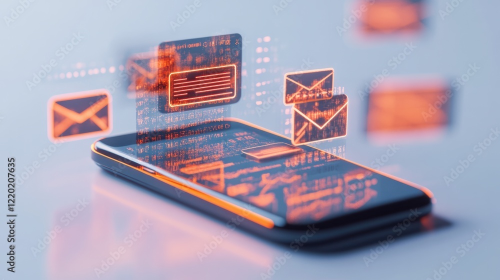 Poster a futuristic 3d smartphone screen showing an email interface with glowing marketing visuals like arr