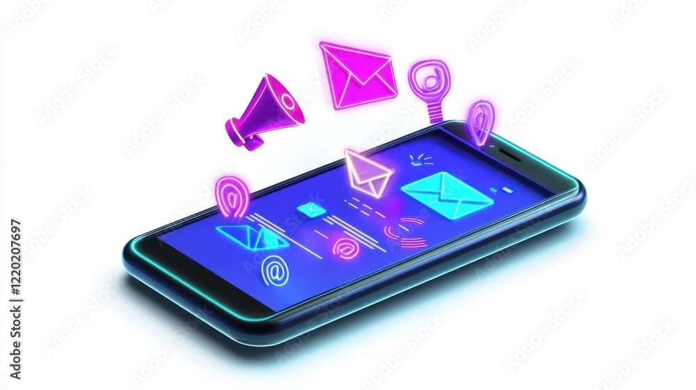 Poster a futuristic 3d smartphone screen showing an email interface with glowing marketing visuals like arr