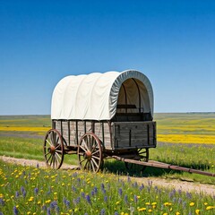 vintage covered wagon in a field of yellow and purple wildflowers on a sunny day